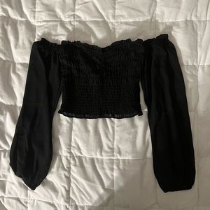 Off the shoulder smocked puff sleeve crop top